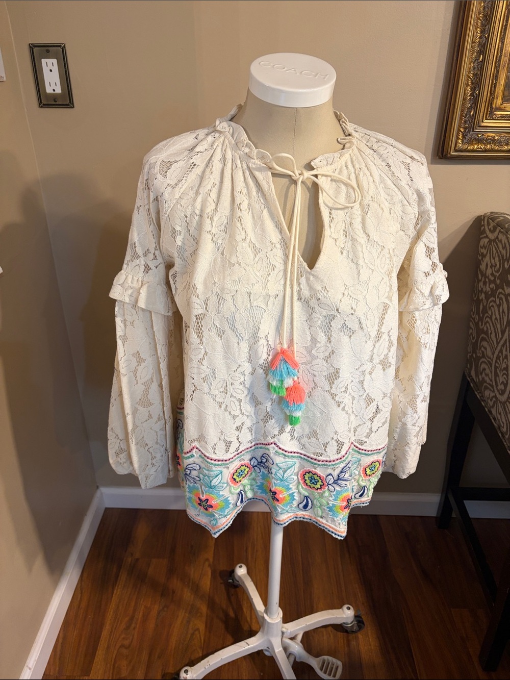 Hemant and Nandita Cream Lace Tunic with Multicolor Tassel and Embroidered Hem